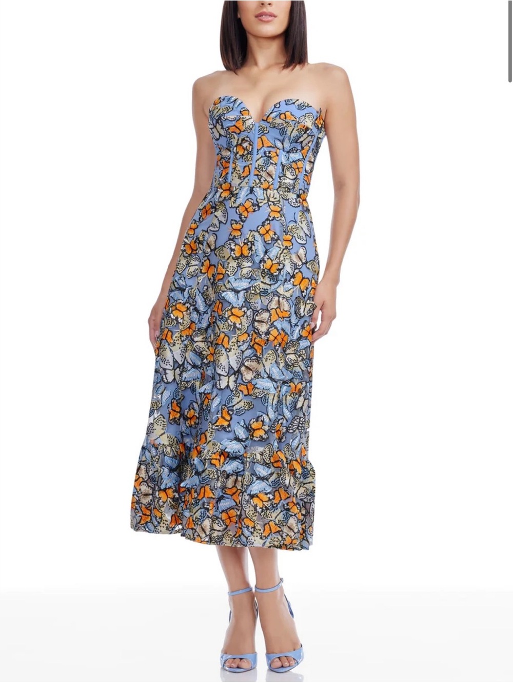NWT Dress the Population Carina Strapless Floral Midi Dress in Blue and Orange